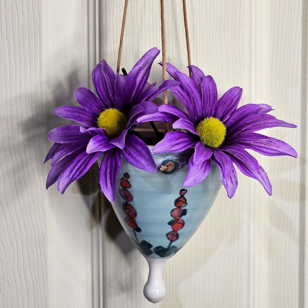 Hand Painted Ceramic Hanging Planter Vintage Pottery Floral Cone Wall Decor
